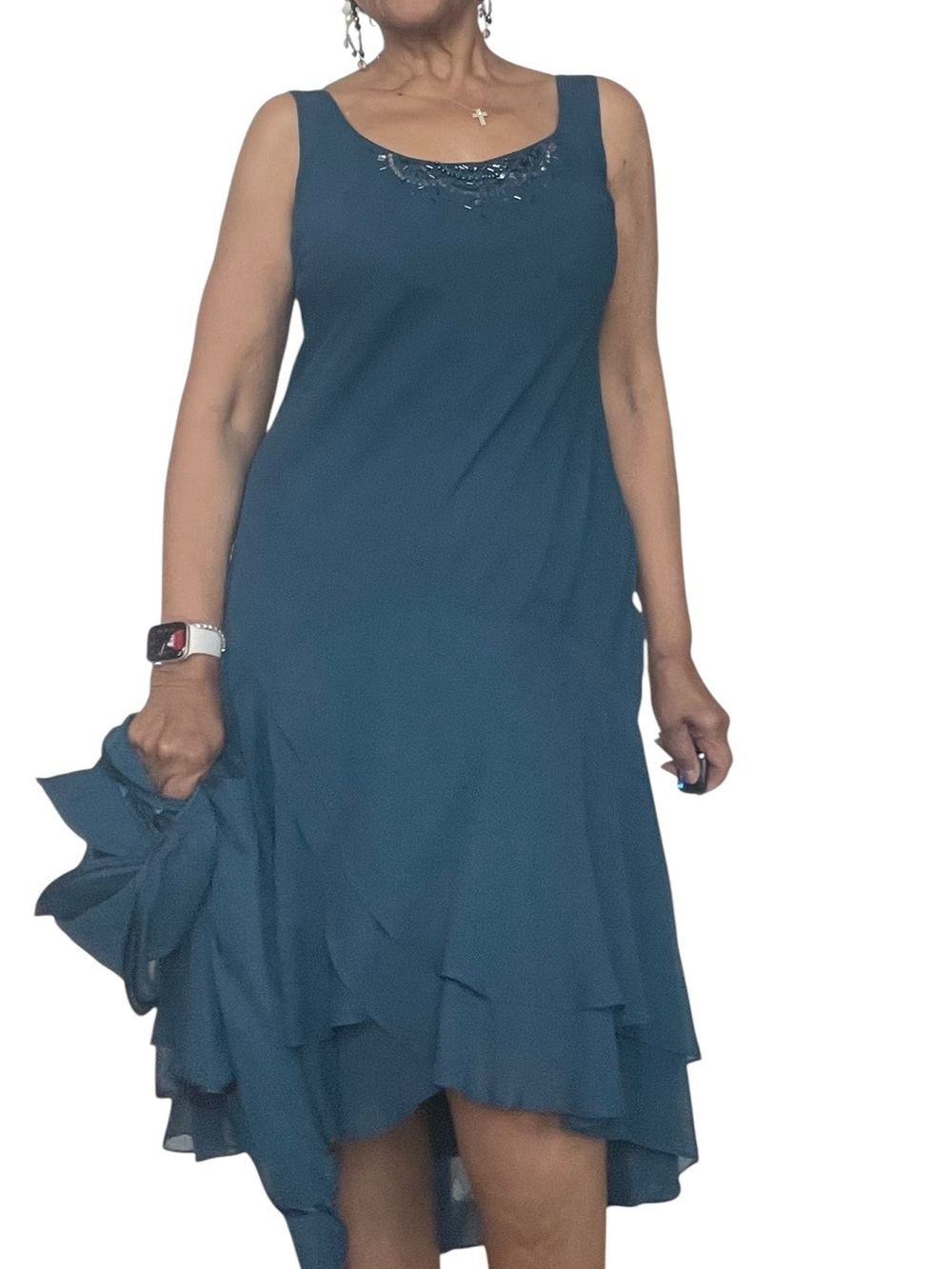 S.L. Fashions Teal Layered Midi Dress with Beaded Jacket - Picture 2 of 12
